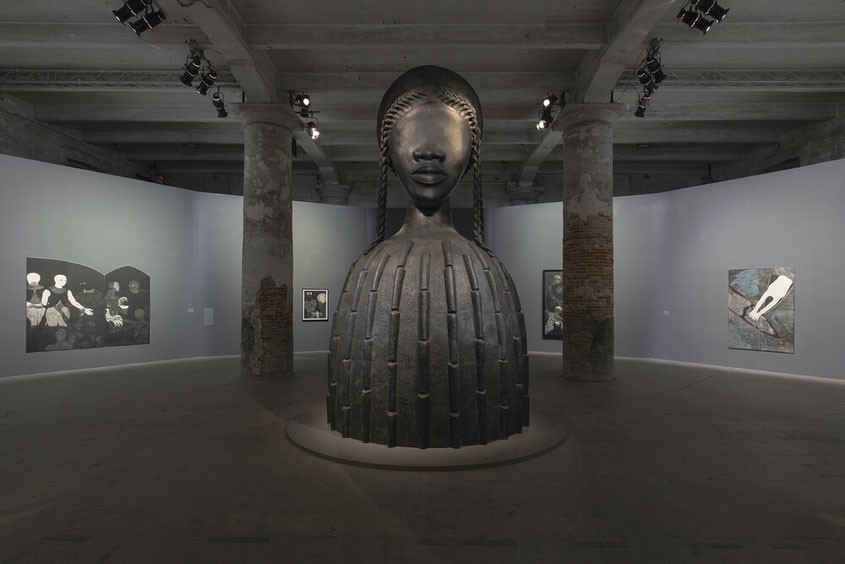 View of Simone Leigh and Belkis Ayón’s work in “The Milk of Dreams” at the 59th Venice Biennale, 2022. Image courtesy of the Venice Biennale. Photo by Roberto Marossi. 