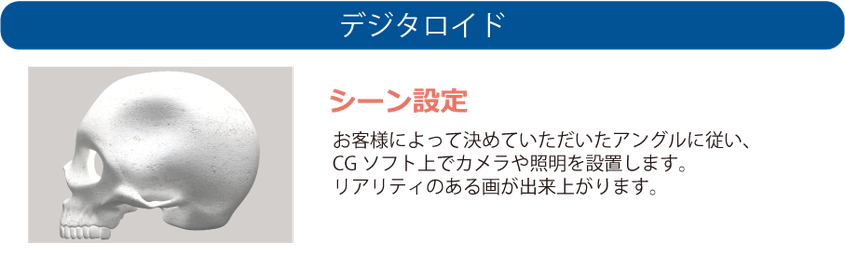 シーン設定　お客様によって決めていただいたアングルに従い、 CGソフト上でカメラや照明を設置します。 リアリティのある画が出来上がります。