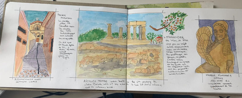 illustrations de sites historiques et de paysages. On y voit une église avec des escaliers, des ruines antiques, et un margousier avec des fruits. Les annotations manuscrites décrivent les sites, notamment le temple d'Apollon et un sphinx funéraire.