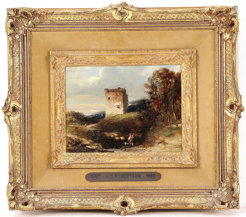 te_koop_een_landschap_schilderij_met_een_ruine_vee_en_herder_van_de_engelse_schilder_alexander_duff_robertson_1807-1886