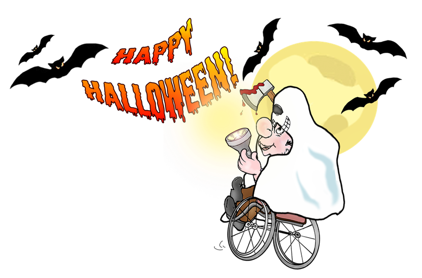 Mr Peeves is verkleed als spook en toont Halloween.