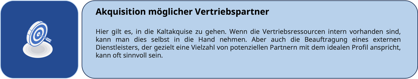 Akquisition möglicher Vertriebspartner Hier gilt es, in die Kaltakquise zu gehen. Wenn die Vertriebsressourcen intern vorhanden sind, kann man dies selbst in die Hand nehmen. Aber auch die Beauftragung eines externen Dienstleisters, der gezielt eine Vielz