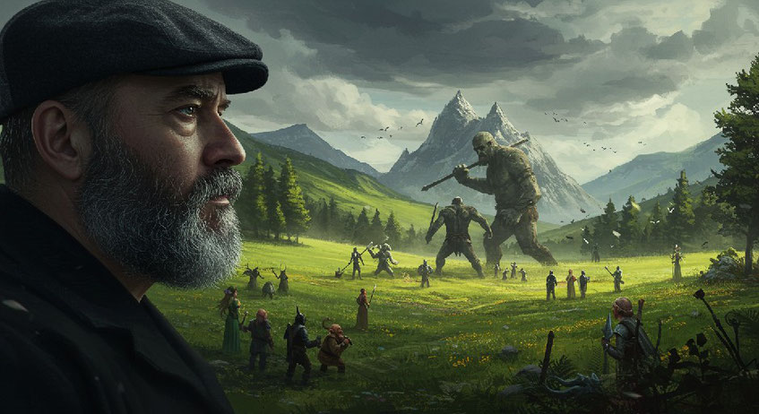 Ein Mann mittleren Alters blickt auf eine Hügellandschaft in der Ferne. Dort streiten sich ein gewaltiger Riese und ein massiger Bergtroll, Fabelwesen schauen zu. Erstellt mit Craiyon.
