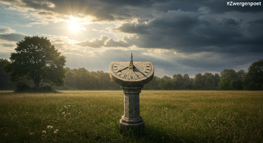 Spätsommerlandschaft. Die Sonne und schwere Regenwolken stehen am Himmel, Regen fällt. Im Zentrum steht eine alte steinerne Sonnenuhr auf einer Wiese, deeren Zeiger mehrere Schatten wirft. Erstellt mit Craiyon.