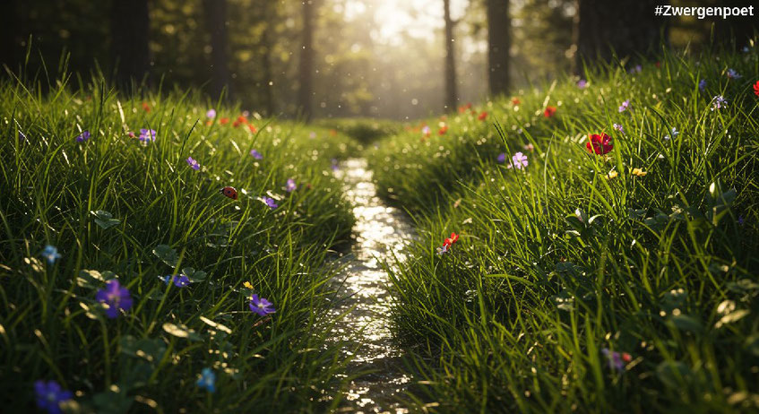 Eine sonnenbeschienene Waldlichtung im Frühling mit einem glitzernden Bach. Frühlingsblumen zieren das saftig grüne Gras, durch das ein Marienkäfer klettert. Erstellt mit Craiyon.