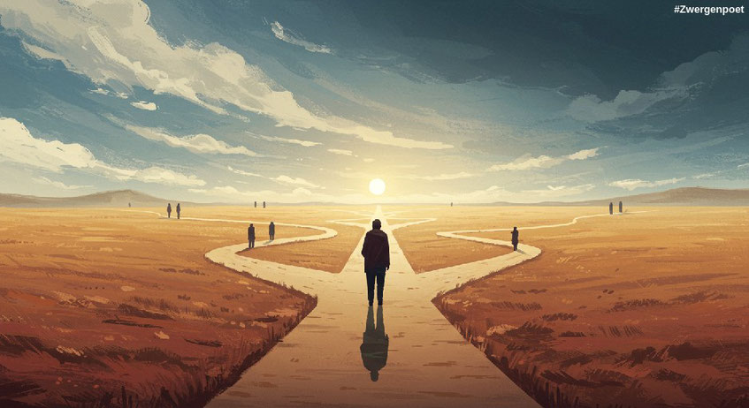 Eine Person an einer Kreuzung in einer offenen Landschaft, von der mehrere Wege in verschiedene Richtungen abzweigen. Der Himmel ist bewölkt. Erstellt mit Craiyon.