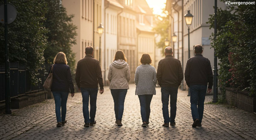 Eine Gruppe von sechs erwachsenen Menschen geht gemeinsam eine gepflasterte Straße in einer Stadt entlang. Erstellt mit Craiyon.