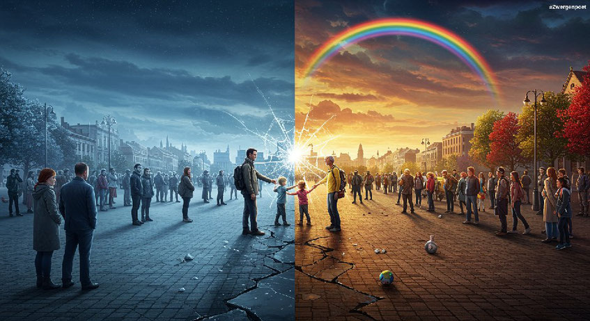 Ein großer Platz, der in zwei Hälften geteilt ist. Kalten Blau- und Grautönen sind farbenfrohen, fröhlichen Menschen und einem Regenbogen gegenübergestellt. Erstellt mit Craiyon.