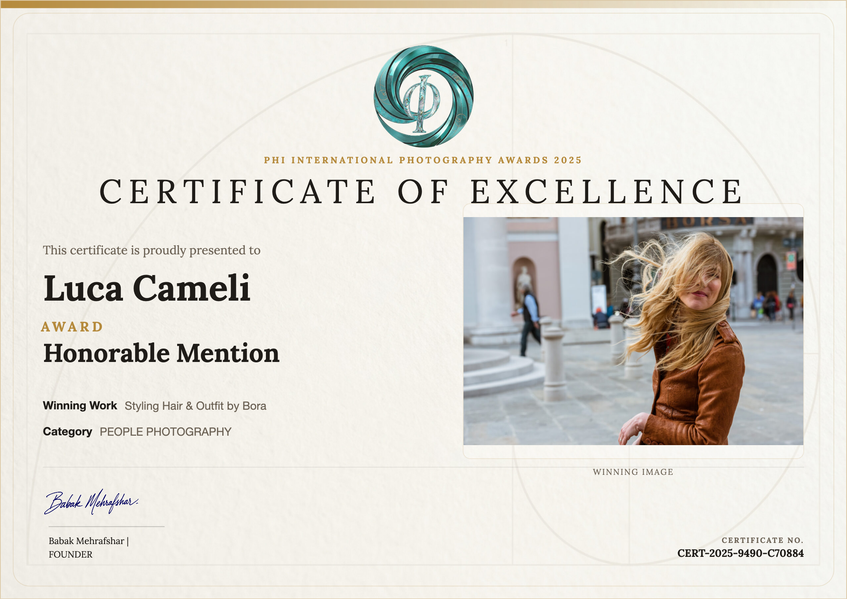 Phi Photography Awards 2025 ~ Honorable Mention. Styling Hair & Outfit by Bora. © Luca Cameli Photographer