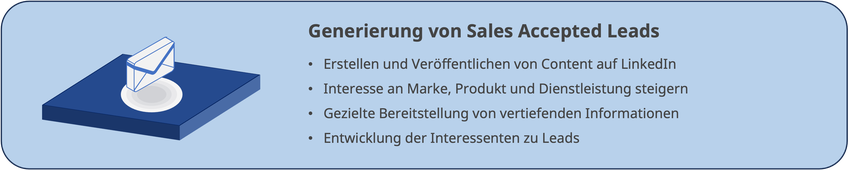 Generierung von Sales Accepted Leads, Erstellen und Veröffentlichen von Content auf LinkedIn, Interesse an Marke, Produkt und Dienstleistung steigern, Gezielte Bereitstellung von vertiefenden Informationen, Entwicklung der Interessenten zu Leads