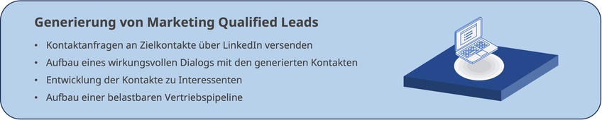 Generierung von Marketing Qualified Leads, Kontaktanfragen an Zielkontakte über LinkedIn versenden, Aufbau eines wirkungsvollen Dialogs mit den generierten Kontakten, Entwicklung der Kontakte zu Interessenten, Aufbau einer belastbaren Pipeline