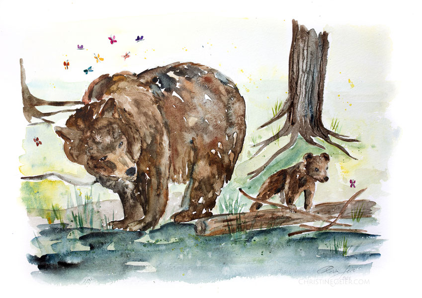 Bär, Aquarell, Wald, Schmetterlinge, watercolour, watercolor, art, artwork, Original, Kunstwerk, Tieraquarell, Krafttier, spiritual animal, Seelenbild, Herzensbild, Kunst
