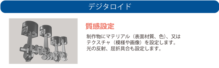 質感設定　制作物にマテリアル（表面材質、色）、又は テクスチャ（模様や画像）を設定します。 光の反射、屈折具合も設定します。