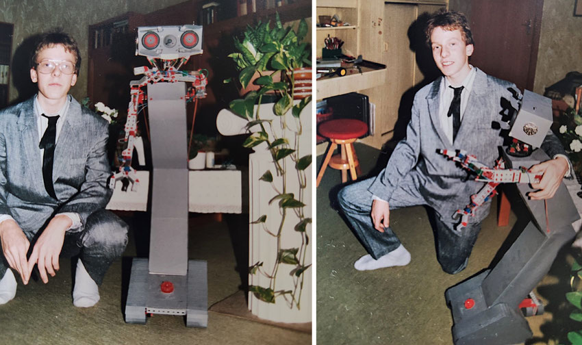 Tino Werner mit seinem selbstgebauten Roboter aus Fischertechnik