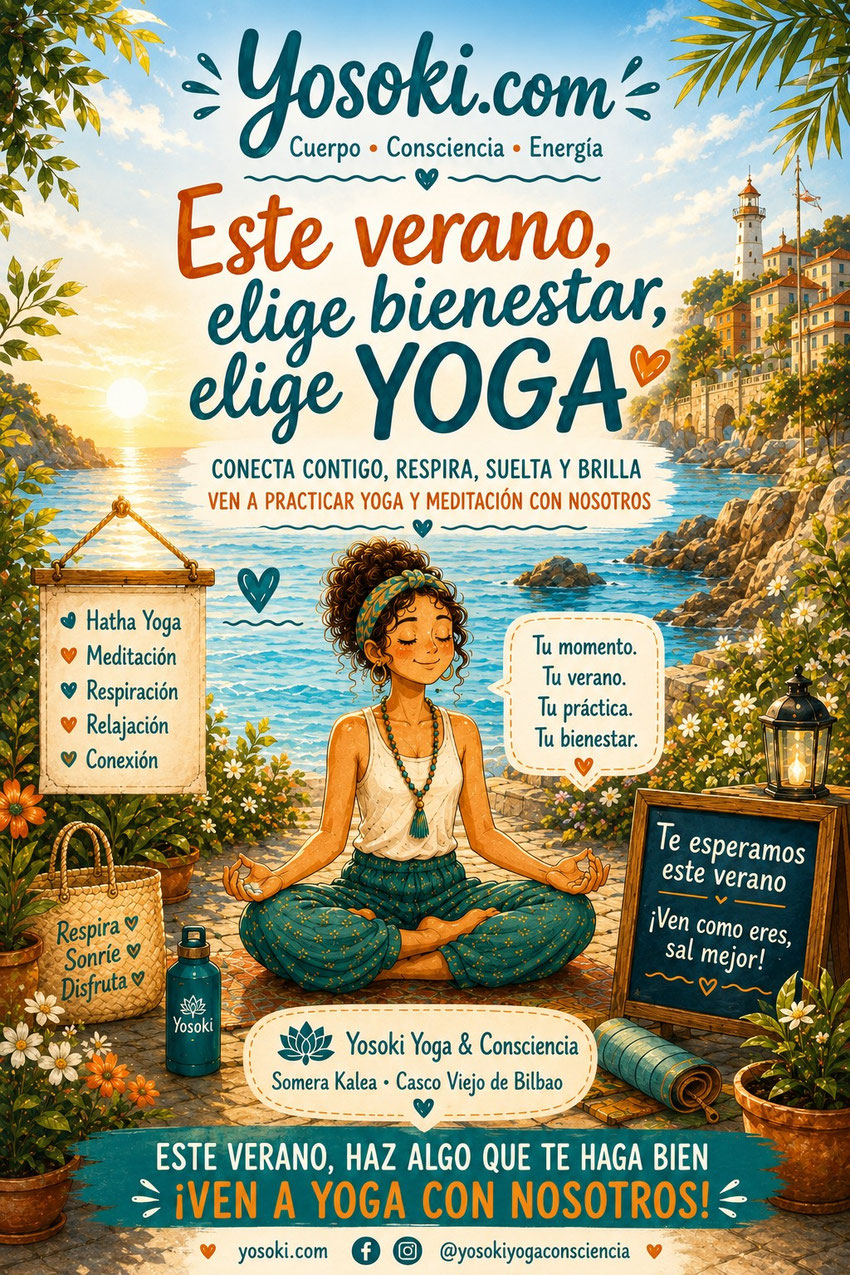Cartel de Yosoki Yoga y Consciencia en el Casco Viejo de Bilbao para las clases de Hatha Yoga, meditación y respiración este verano.