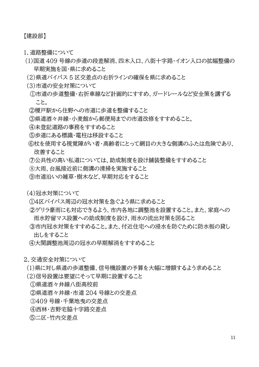 【建設部】 1、道路整備について (1)国道409号線の歩道の段差解消、四木入口、八街十字路・イオン入口の拡幅整備の早期実施を国・県に求めること (2)県道バイパス5区交差点の右折ラインの確保を県に求めること (3)市道の安全対策について ①市道の歩道整備・右折車線など計画的にすすめ、ガードレールなど安全策を講ずること。 ②榎戸駅から住野への市道に歩道を整備すること ③県道酒々井線・小麦館から郵便局までの市道改修をすすめること。 ④未登記道路の事務をすすめること ⑤歩道にある標識・電柱は移設すること