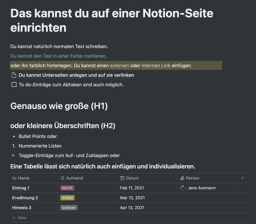 Screenshot zur Gestaltung einer Notion-Seite