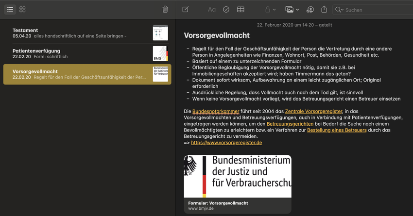 Screenshot aus Apple Notizen