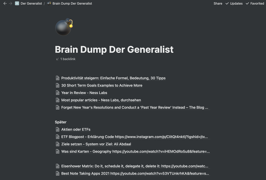 Screenshot des 'Brain Dump' von der Generalist