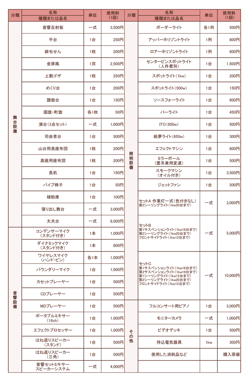 ホール付属設備料金表