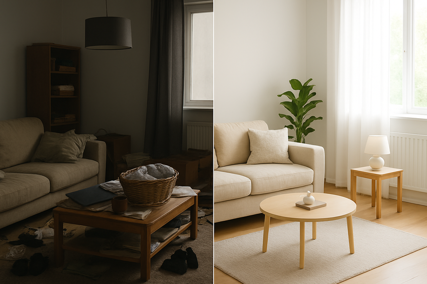 Même pièce sombre et en désordre ou lumineuse et rangée - circulation du Chi
