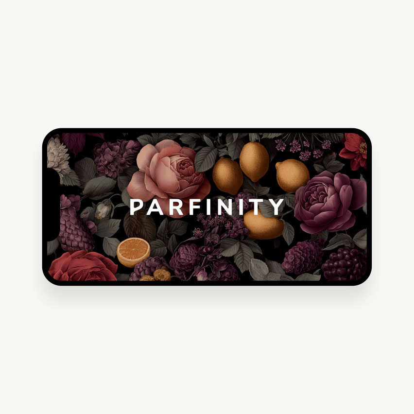 Weißes Parfinity-Logo auf floralem Hintergrund als Teil der visuellen Markenidentität einer Kosmetikmarke
