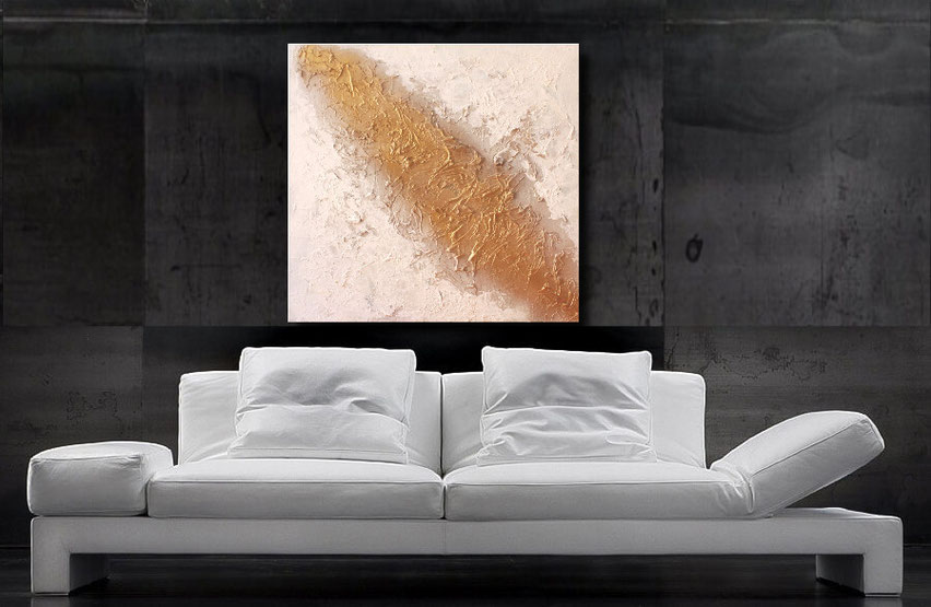 modernes acrylgemälde abstrakt gold beige 90 x 90 cm - xxl bild gold
