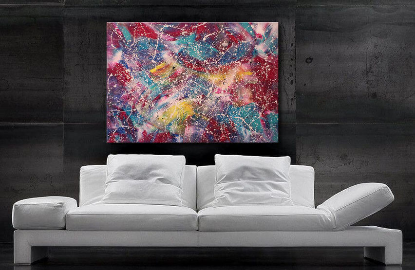 Wandbild "Euphorie 1" 120 x 90 cm, Blau, Magenta, Gelb, Türkis, Weiss