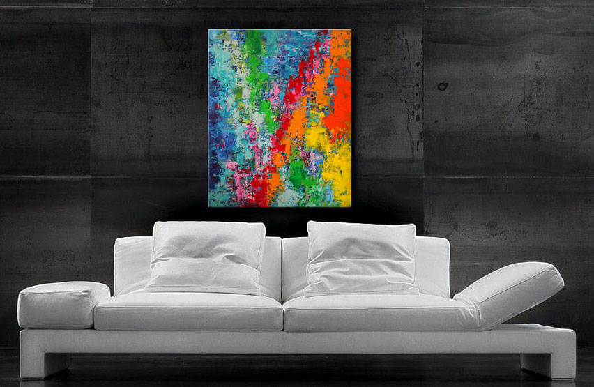 Acrylgemälde abstrakt -  Wandbild mit sehr schönen Farbaufträgen in Türkis, Blau, Orange, Rot, Gelb, Grün und anderen Akzenten