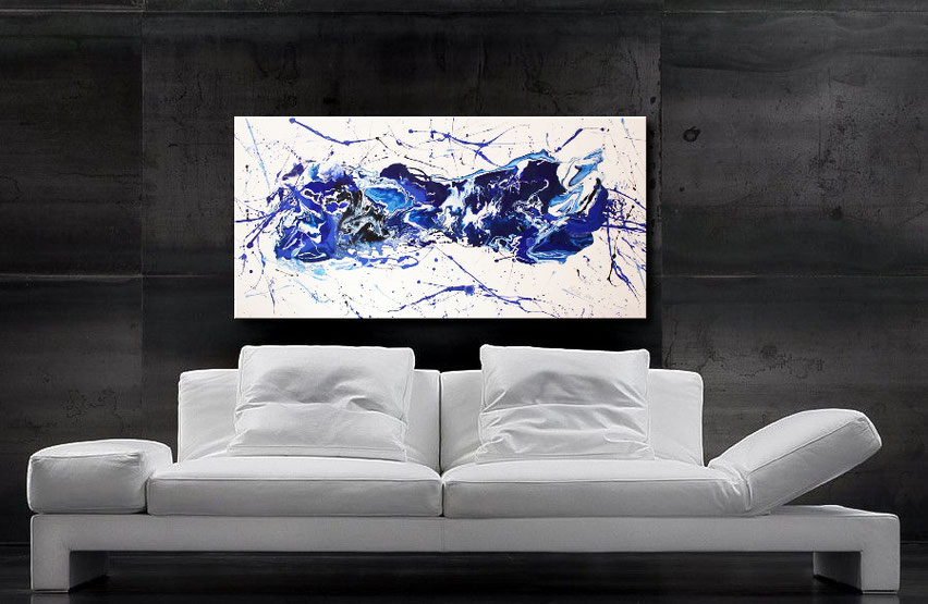 Abstraktes Fluid Art Gemälde mit blauen Farbverläufen, 120 x 60 cm