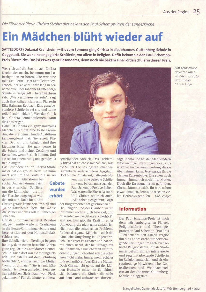 Ute Schäfer, Evangelisches Gemeindeblatt für Württemberg 46 / 2012, S. 25 (Wiedergabe mit freundlicher Genehmigung)