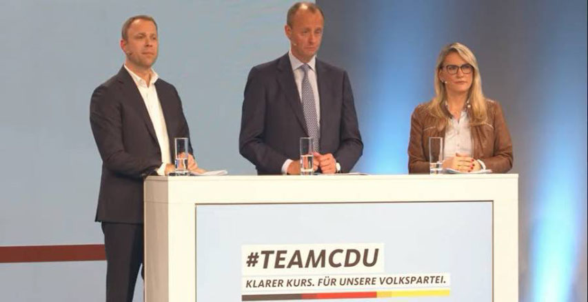 V.l.n.r.: Mario Czaja, Friedrich Merz, Christina Stumpp. (Quelle: Screenshot aus dem YouTube Livestream zur Kandidatur für den Parteivorsitz vom Dienstag, dem 16. November 2021)