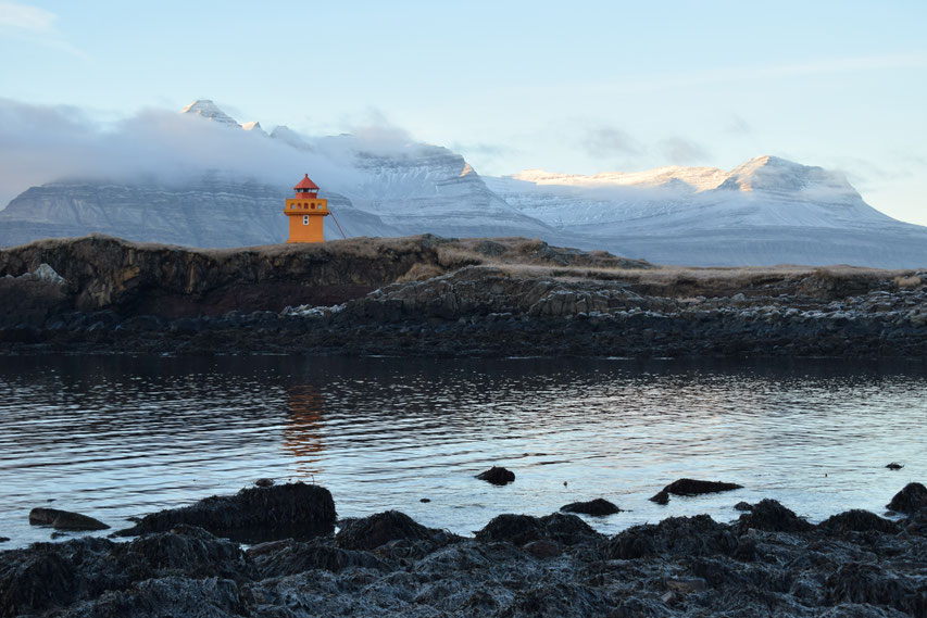 Lighthouse (Berunesviti), mountains, East Fjords, Iceland