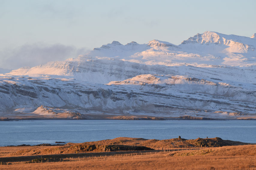 Mountains and snow at sunrise, East Fjords, Iceland