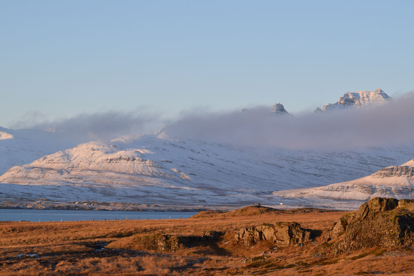 Mountains and low cloud at sunrise, East Fjords, Iceland