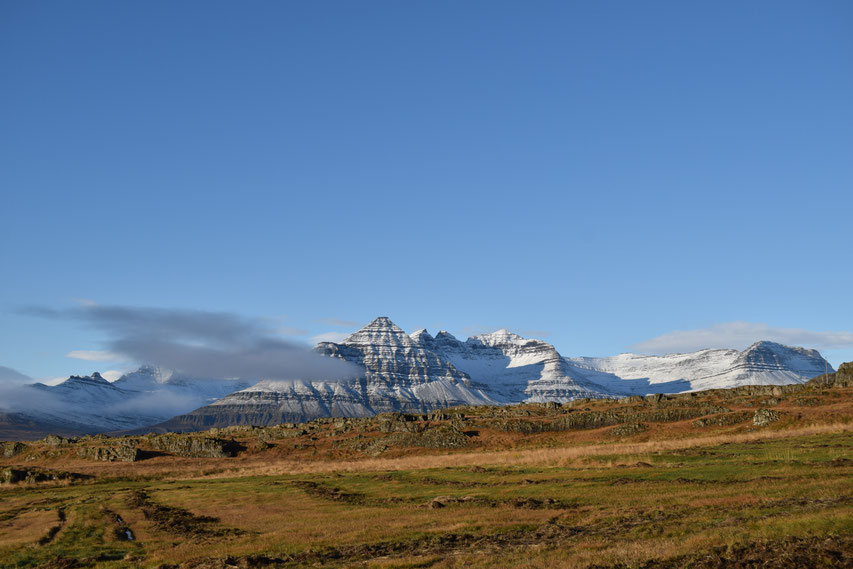 Blue sky and snow on mountain, East Fjords, Iceland