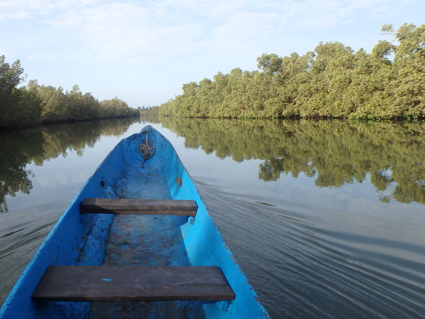 boat trip, Tumani Tenda, Gambia - dug out canoe