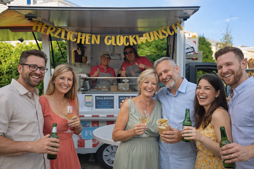 Gäste genießen Streetfood bei einer Geburtstagsfeier am Foodtruck