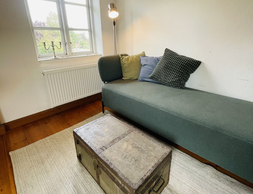 grünes Sofa mit hellem Teppich Koffer als Tisch
