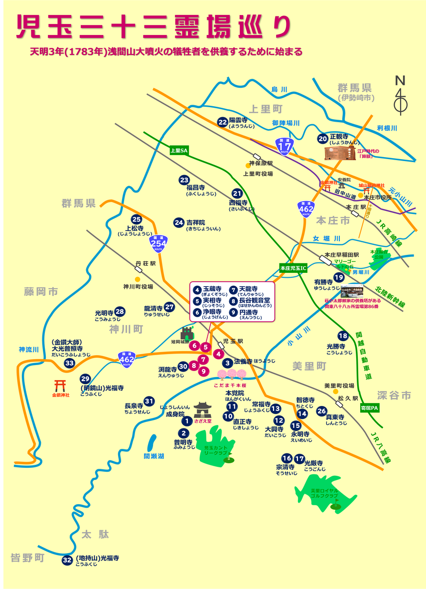 児玉三十三霊場めぐりの地図