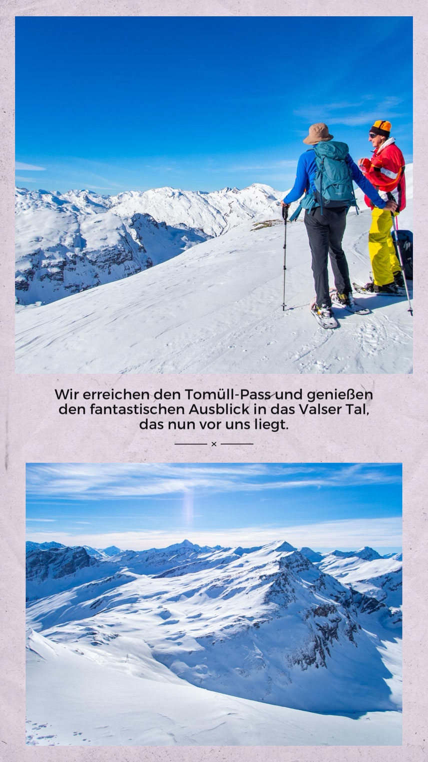 Aussicht vom Piz Tomül (Wissensteinhorn) im Winter bei der Schneeschuhtour.