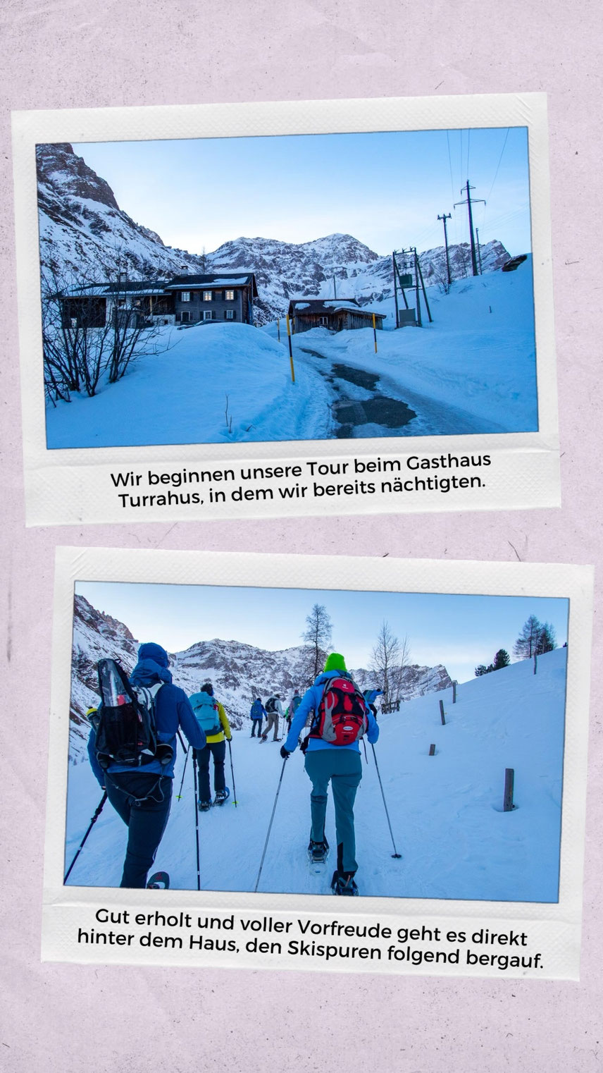 Start der Schneeschuhtour auf den Piz Tomül im Safiental in der Schweiz.
