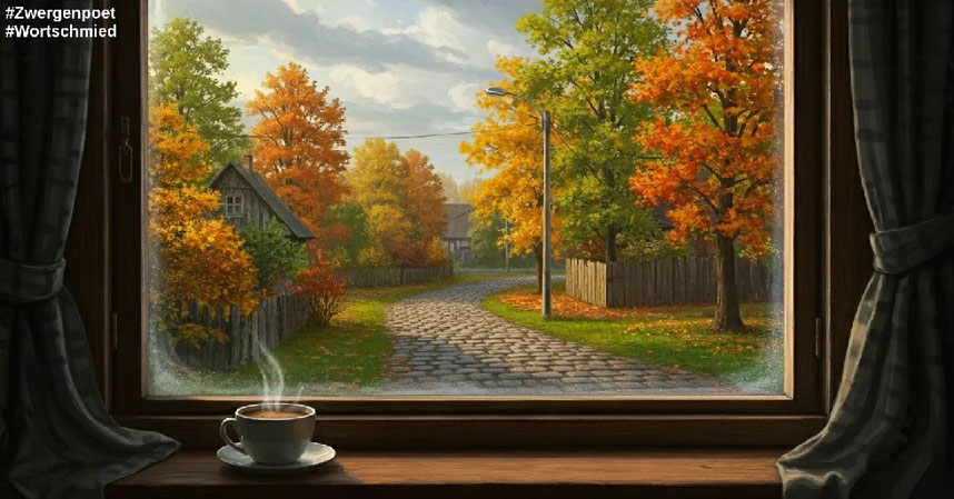 Blick aus dem Fenster eines gemütlichen Fachwerkhauses nach draußen auf die Dorfstraße. Dort stehen entlang der Straße einige Laubbäume, die in allen Farben den Herbst zeigen. Innen, vor dem Fenster steht eine dampfende Kaffeetasse. Erstellt mit Craiyon.