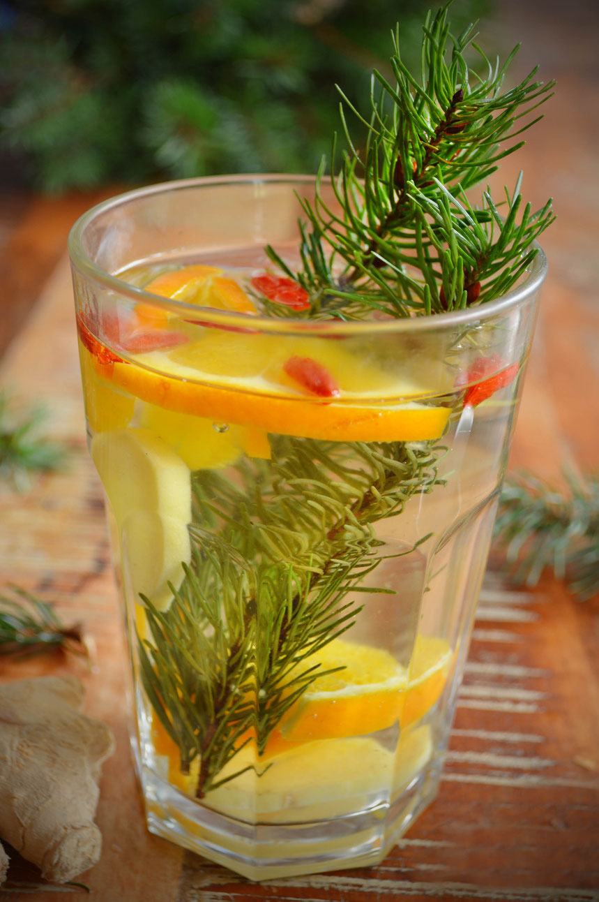 Fichte, Fichtennadeln, Getränk, Tee, Orange, Ingwer, heiß, Winter, Zutaten, Rezept, Immunsystem, Claudia Sprungk