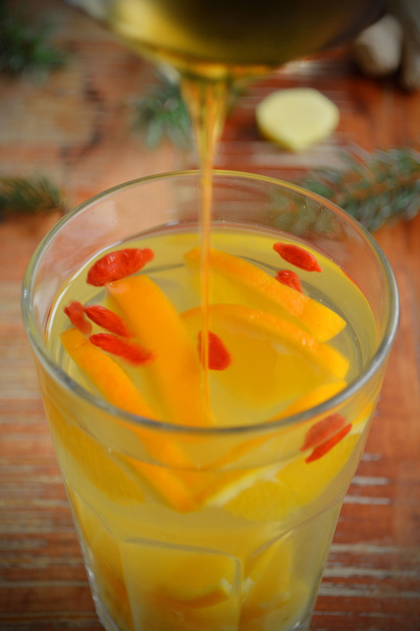 Fichte, Fichtennadeln, Getränk, Tee, Orange, Ingwer, heiß, Winter, Zutaten, Rezept, Immunsystem, Claudia Sprungk