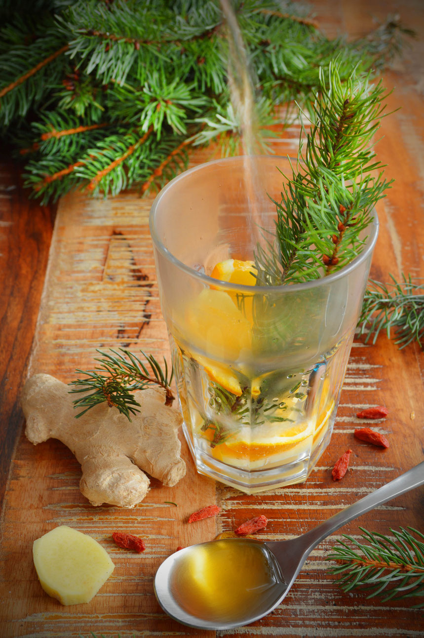 Fichte, Fichtennadeln, Getränk, Tee, Orange, Ingwer, heiß, Winter, Zutaten, Rezept, Immunsystem