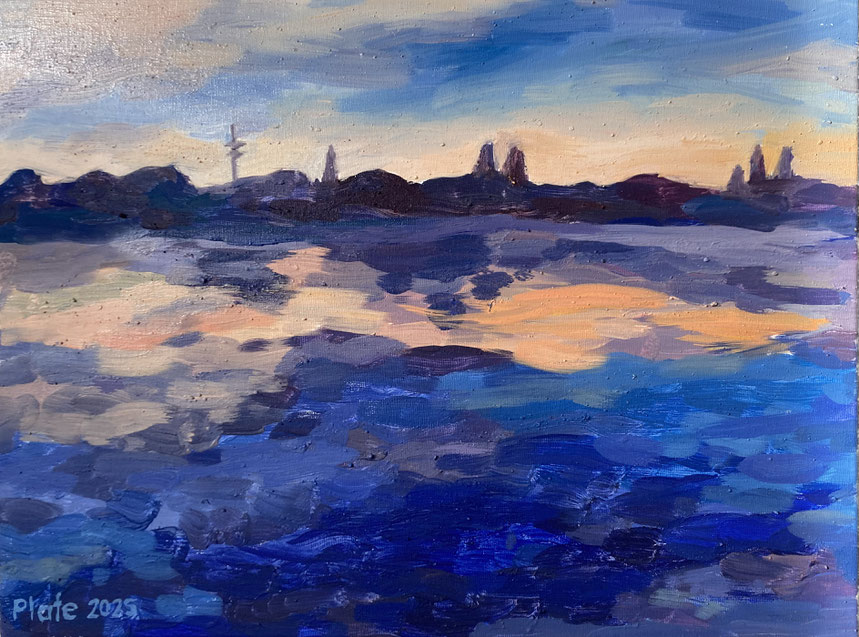                                                                  Abendstimmung an der Alster in Uhlenhorst, Eitempera, 2025, 40cm x 30cm