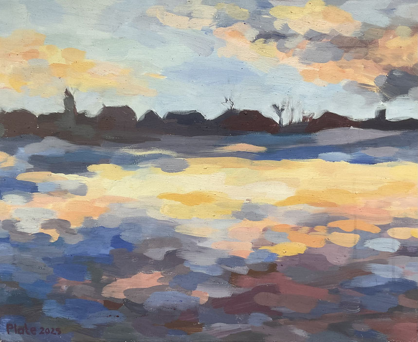                                                                  Abendstimmung an der Alster in Winterhude, Eitempera, 2025, 50cm x 40cm