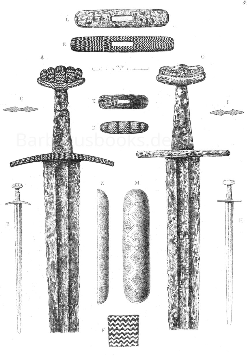 Schwerter aus dem 10. Jahrhundert, von Eisen, stark verrostet, in halber Originalgröße.
