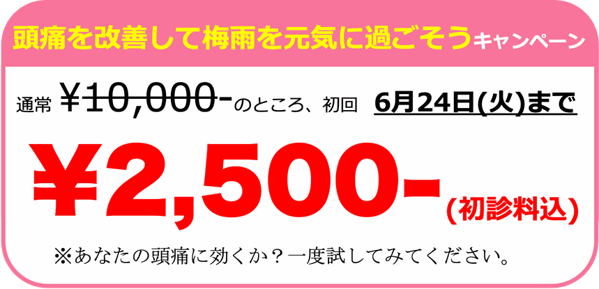 薬が効かない頭痛を根本改善キャンペーン。通常10,000円のところ初回限定2,500円。あなたの頭痛に効くか？一回受けてみてください。調布　頭痛専門整体 彩り